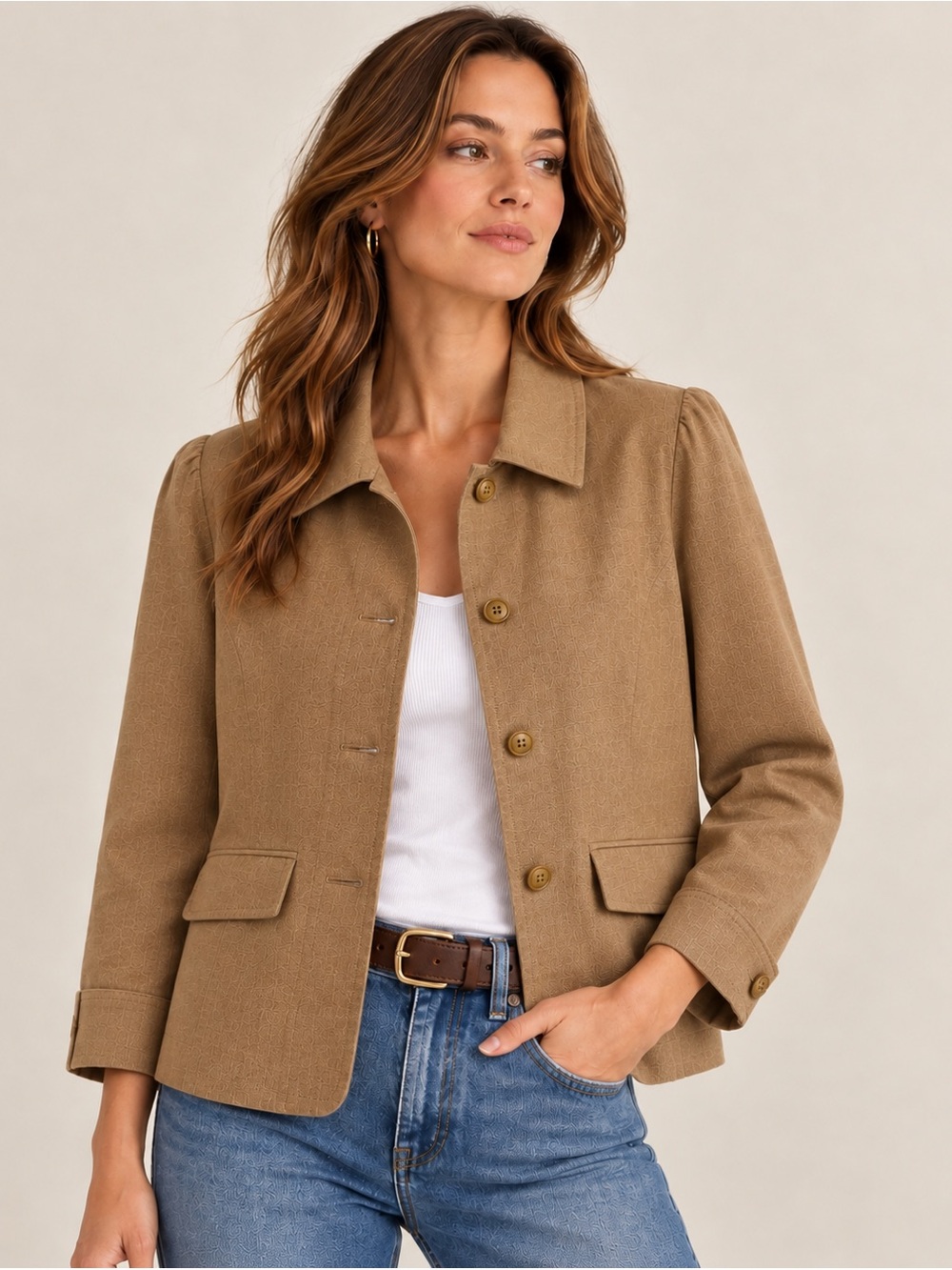 Company Ellen Tracy Y2K Jacket Tan Khaki Floral Lined Utility Blazer Size S